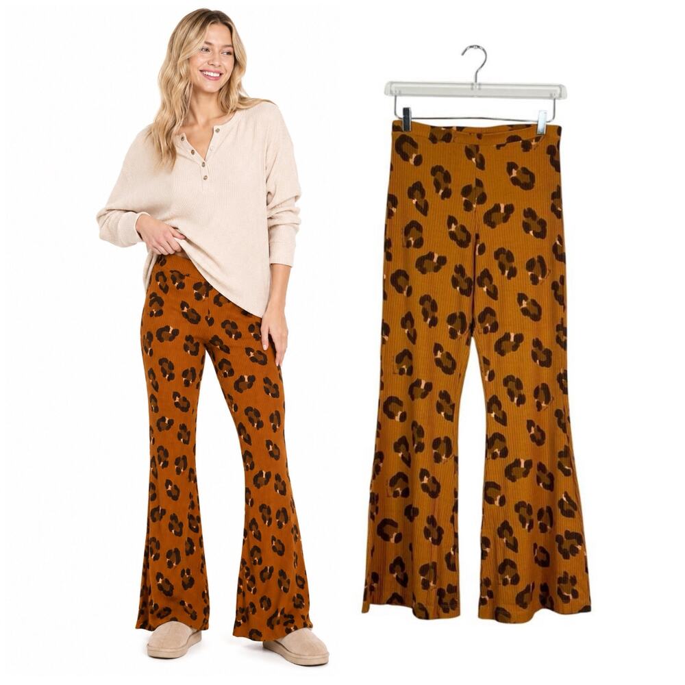 FARM Rio | Leopard Cheetah Print Ribbed Pull On Flare Lounge Pants Large L